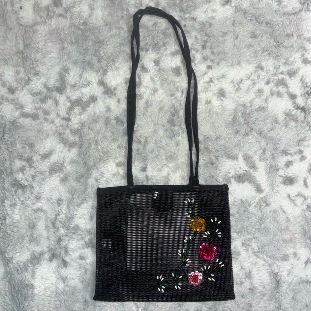 Y2K Festival Black Floral Sequin Mesh Tote Bag